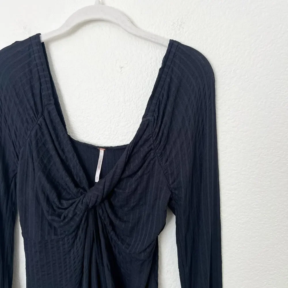 [Free People] Navy Blue Twisted Bust Open Front Slit Long Sleeve Top Sz Medium M